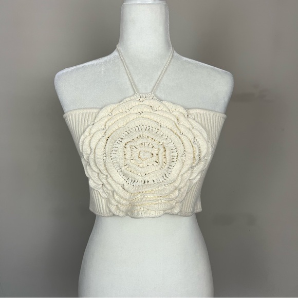 NWT ANTHROPOLOGIE FLAT WHITE KNIT FLORAL CROPPED HALTER TOP SIZE LARGE - Picture 10 of 15